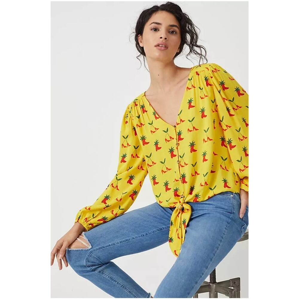 Anthropologie Kendra Dandy Yelllow Dreamer Button-Down Top Western Tie Front 14 - Picture 3 of 14